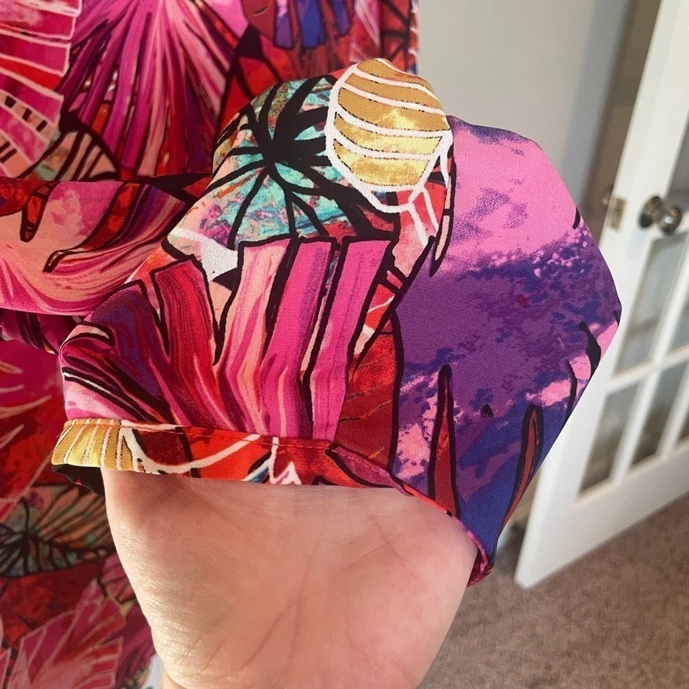 Investments XL Tropical Pinks Purples Bold Abstract Palm Trees popover blouse